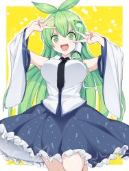 Rule 34 | 1girl, :d, antenna hair, arms up, bare shoulders, black necktie, blue skirt, border, breasts, cowboy shot, detached sleeves, double v, frog hair ornament, green eyes, green hair, hair between eyes, hair ornament, hair tubes, kochiya sanae, large breasts, long hair, long sleeves, looking at viewer, momendoufu, necktie, open mouth, outside border, petticoat, shirt, simple background, single sidelock, skirt, smile, snake hair ornament, solo, standing, touhou, v, very long hair, white border, white shirt, wide sleeves, yellow background