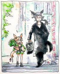 Rule 34 | 2girls, aged down, aged up, air shakur (umamusume), alternate costume, animal ears, black coat, briefcase, brown hair, child, cityscape, clover, coat, collarbone, cosplay, dress shoes, fine motion (umamusume), flower pot, four-leaf clover, green jacket, green shorts, hair ornament, highres, holding, holding briefcase, holding flower pot, horse ears, horse girl, horse tail, jacket, leon (leon the professional), leon (leon the professional) (cosplay), leon the professional, long hair, long sleeves, low ponytail, mathilda lando, mathilda lando (cosplay), medium hair, morisshii (morishiey), multiple girls, outdoors, overcoat, plant, potted plant, scene reference, shorts, sidelocks, tail, traditional media, umamusume, v-shaped eyebrows, v-shaped eyes, walking, white hair, yellow eyes
