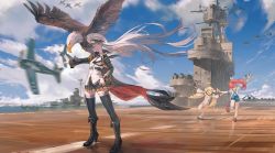Rule 34 | ahoge, aircraft, aircraft carrier, azur lane, bad id, bad twitter id, bailey (azur lane), battleship, bird, blonde hair, boots, breasts, cloud, cloudy sky, commentary, cross-laced footwear, day, deck, detached sleeves, eagle, eldridge (azur lane), enterprise (azur lane), hat, lace-up boots, large breasts, long hair, looking at viewer, lying, mary janes, medium breasts, military, military vehicle, miniskirt, necktie, ocean, on back, orange eyes, overalls, panties, peaked cap, puffy detached sleeves, puffy sleeves, purple eyes, red hair, rias-coast, runway, ship, shirt, shoes, silver hair, skirt, sky, sleeveless, smile, solo, thighhighs, twintails, two side up, underwear, very long hair, warship, watercraft, white panties, white thighhighs
