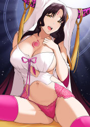 Rule 34 | 1girl, bare shoulders, bbk (13zk), black hair, breasts, chest tattoo, cleavage, collarbone, dress, facial mark, fate/extra, fate/extra ccc, fate (series), forehead mark, gluteal fold, highres, horn ornament, horn ring, horns, large breasts, long hair, long sleeves, looking at viewer, navel, open mouth, panties, parted bangs, pink panties, pink thighhighs, revealing clothes, sessyoin kiara, smile, tattoo, thighhighs, thighs, underwear, veil, wavy hair, white dress, wide sleeves, yellow eyes