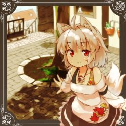 Rule 34 | 1girl, adapted costume, ahoge, alternate costume, animal ears, contemporary, framed, highres, inubashiri momiji, jewelry, looking at viewer, necklace, off shoulder, red eyes, shirt, silver hair, skirt, smile, solo, tail, tekka maki (wafuu-bune), touhou, town, tree, wolf ears, wolf tail