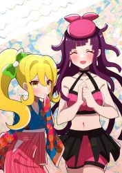 Rule 34 | 2girls, :d, alternate hairstyle, bare shoulders, bike shorts, blush, bow, breasts, cat hair ornament, clenched hands, collarbone, commentary request, danganronpa (series), danganronpa 10th anniversary costume, danganronpa 2: goodbye despair, earrings, floral print, green bow, hair bow, hair ornament, hanabishi, happy, jewelry, long hair, looking at viewer, medium breasts, mole, mole under eye, multiple girls, official alternate costume, open mouth, orange eyes, pink headwear, pink shorts, ponytail, purple hair, saionji hiyoko, shorts, skirt, smile, striped, tsumiki mikan, v-shaped eyebrows, white background