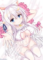 Rule 34 | 1girl, absurdres, animal ear fluff, animal ears, arms up, artist name, blue eyes, blush, bow, bra, breasts, cat ears, cat girl, cat lingerie, cat tail, choker, closed mouth, collarbone, frilled bra, frills, hair between eyes, hair ornament, highres, kurashina yuzuki, large breasts, long hair, looking at viewer, meme attire, navel, original, panties, pillow, simple background, smile, solo, stomach, tail, tail ornament, thighs, underwear, white background, white hair, white legwear