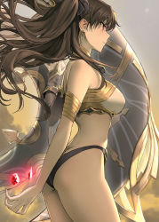 Rule 34 | 1girl, armlet, ass, asymmetrical sleeves, back, bare shoulders, black bow, black hair, bow, breasts, butt crack, closed mouth, earrings, fate/grand order, fate (series), gem, gold trim, hair bow, heavenly boat maanna, highres, hoop earrings, hyury, ishtar (fate), jewelry, large breasts, long hair, red eyes, red gemstone, thighs, tiara, uneven sleeves, weapon
