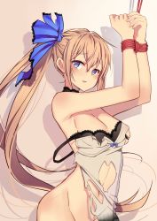 Rule 34 | 1girl, ahoge, armpits, bad id, bad pixiv id, black bra, blonde hair, blue eyes, blush, bound, bound wrists, bow, bra, breasts, choker, cleavage, dress, fal (girls&#039; frontline), girls&#039; frontline, goyain, groin, highres, large breasts, long hair, looking at viewer, navel, off shoulder, restrained, see-through silhouette, side ponytail, solo, stomach, torn clothes, torn dress, underwear, very long hair