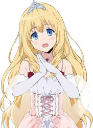 Rule 34 | 10s, 1girl, amagi brilliant park, bare shoulders, blonde hair, blue eyes, blush, dress, elbow gloves, flat chest, gloves, highres, jewelry, latifa fleuranza, long hair, looking at viewer, necklace, open mouth, own hands together, see-through, shawl, simple background, solo, tiara, upper body, white background, white gloves, yoshiki360