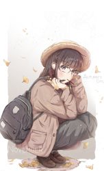Rule 34 | 1girl, backpack, bad id, bad pixiv id, bag, black-framed eyewear, black hair, black skirt, blunt bangs, blush, braid, brown footwear, brown jacket, buttons, commentary request, food, full body, ginkgo leaf, glasses, hair ribbon, hand in own hair, hands up, hat, holding, holding pen, jacket, jerry3912, leaf, loafers, long hair, long sleeves, looking at viewer, mechanical pencil, miniskirt, mouth hold, november, open clothes, open jacket, original, over-rim eyewear, pen, pencil, pocky, purple eyes, red ribbon, revision, ribbon, semi-rimless eyewear, shoes, sidelocks, skirt, solo, squatting, straw hat, white legwear