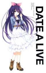 Rule 34 | 10s, 1girl, blush, boots, copyright name, date a live, dress, highres, jacket, jewelry, long hair, looking at viewer, necklace, open mouth, ponytail, purple eyes, purple hair, simple background, smile, solo, standing, tsunako, very long hair, white background, yatogami tooka