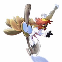 Rule 34 | animal focus, axe, bird, brown eyes, commentary request, creatures (company), game freak, highres, hisuian decidueye, holding, holding axe, leg up, nintendo, open mouth, owl, pkpokopoko3, pokemon, red pupils, standing, standing on one leg, talons