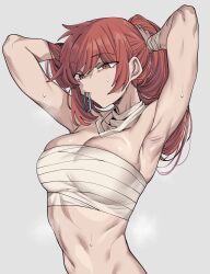 Rule 34 | 1girl, armpits, arms up, bandages, bare shoulders, breasts, chest sarashi, cleavage, commentary request, hair tie in mouth, highres, large breasts, long hair, medium breasts, midriff, mouth hold, navel, orange eyes, original, red hair, sarashi, skindentation, solo, stomach, strapless, tube top, upper body, urec