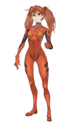 Rule 34 | 1girl, absurdres, alternate hairstyle, artist request, bodysuit, breasts, brown eyes, brown hair, full body, gloves, hair ornament, highres, interface headset, long hair, looking to the side, neon genesis evangelion, plugsuit, simple background, skin tight, solo, souryuu asuka langley, standing, turtleneck, twintails