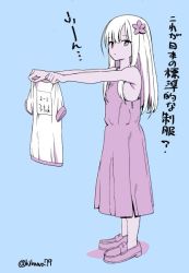 Rule 34 | 10s, 1girl, blonde hair, blue background, brown eyes, commentary request, dress, female focus, flat color, flower, full body, gym shirt, hair flower, hair ornament, hikawa79, holding, holding clothes, holding shirt, kantai collection, long hair, looking at viewer, one-hour drawing challenge, ro-500 (kancolle), shirt, shoes, sketch, sleeveless, sleeveless dress, solo, tan, translation request, white background