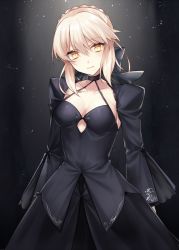 Rule 34 | 1girl, artoria pendragon (all), artoria pendragon (fate), black bow, black dress, blonde hair, bow, braid, breasts, closed mouth, collarbone, cowboy shot, dress, fate/grand order, fate (series), french braid, hair bow, halter dress, halterneck, head tilt, hsiao, juliet sleeves, long sleeves, looking at viewer, medium breasts, pale skin, platinum blonde hair, puffy sleeves, saber alter, solo, yellow eyes