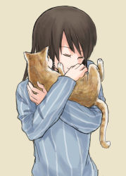Rule 34 | 1girl, animal, blue shirt, brown background, brown hair, cat, closed eyes, closed mouth, commentary, girls und panzer, holding, holding animal, keizoku school uniform, long hair, long sleeves, mika (girls und panzer), mutsu (layergreen), no headwear, school uniform, shirt, smile, solo, striped clothes, striped shirt, upper body, vertical-striped clothes, vertical-striped shirt