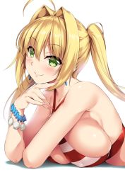 Rule 34 | 1girl, ahoge, bead bracelet, beads, bikini, blonde hair, blush, bracelet, breasts, commentary request, criss-cross halter, earrings, fate/grand order, fate (series), green eyes, hair intakes, halterneck, hand on own chin, highres, jewelry, large breasts, light blush, looking at viewer, nakano sora, nero claudius (fate), nero claudius (fate) (all), nero claudius (swimsuit caster) (fate), red bikini, side-tie bikini bottom, solo, striped bikini, striped clothes, swimsuit, twintails