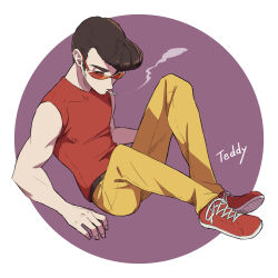 Rule 34 | 1boy, black hair, character name, cigarette, highres, male focus, mother (game), mother 1, mouth hold, nintendo, pants, pompadour, red-tinted eyewear, red footwear, red shirt, round image, shifumame, shirt, short sleeves, sitting, smoke, smoking, solo, teddy (mother), tinted eyewear, yellow pants