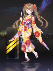 Rule 34 | 1girl, :3, absurdres, bad id, bad pixiv id, blush, brown hair, fang, floral print, flower, girls&#039; frontline, hair between eyes, hair flower, hair ornament, highres, holding, huge filesize, japanese clothes, kimono, long hair, looking at viewer, purple ribbon, red flower, ribbon, scar, scar across eye, scar on face, skyline, smile, socks, solo, suitcase, twintails, ump9 (girls&#039; frontline), urim (paintur), white socks, wide sleeves, yellow kimono