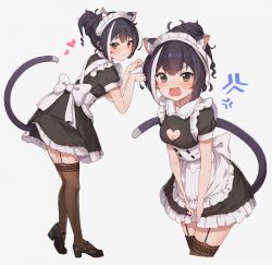 Rule 34 | 1girl, alternate costume, anger vein, animal ear fluff, animal ears, apron, back bow, black dress, black footwear, black hair, blush, bow, breasts, cat ears, cat girl, cat tail, cleavage, cleavage cutout, closed mouth, clothing cutout, cropped legs, dress, enmaided, fang, frilled apron, frilled dress, frills, full body, green eyes, grey background, heart, heart cutout, highres, karyl (princess connect!), leaning forward, long hair, lunia, maid, mary janes, medium breasts, multicolored hair, multiple views, open mouth, ponytail, princess connect!, shoes, short sleeves, simple background, standing, streaked hair, tail, two-tone hair, v-shaped eyebrows, waist apron, white apron, white bow, white hair, zzz