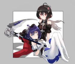 Rule 34 | 2girls, ahoge, ass, bare shoulders, black dress, black gloves, black hair, black pantyhose, black sleeves, blue eyes, blue hair, chain, closed mouth, commentary request, detached sleeves, dress, gloves, grey background, hair between eyes, hand on another&#039;s head, highres, holding, holding scythe, honkai (series), honkai impact 3rd, jambujok, korean commentary, multiple girls, no shoes, pantyhose, puffy short sleeves, puffy sleeves, red eyes, red hair, scythe, seele (alter ego), seele vollerei, seele vollerei (stygian nymph), shadow, short sleeves, smile, two-tone background, white background, white dress, white gloves, white pantyhose, white sleeves