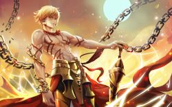 Rule 34 | 1boy, abs, bare pectorals, blonde hair, chain, earrings, enkidu (weapon) (fate), fate/stay night, fate (series), full moon, gilgamesh (fate), holding, holding weapon, jewelry, looking at viewer, male focus, moon, muscular, pectorals, red eyes, topless male, short hair, solo, sword, tattoo, weapon