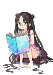 Rule 34 | 1girl, babydoll, bare shoulders, black hair, book, breasts, casual one-piece swimsuit, chest tattoo, closed mouth, coffeekite, double bun, dress swimsuit, facial mark, fate/grand order, fate (series), forehead mark, glasses, hair bun, highres, knees up, long hair, multicolored hair, one-piece swimsuit, open book, parted bangs, pink babydoll, pink hair, pink one-piece swimsuit, sessyoin kiara, sessyoin kiara (lily), sitting, small breasts, smile, solo, streaked hair, swimsuit, tattoo, very long hair, wavy hair, yellow eyes
