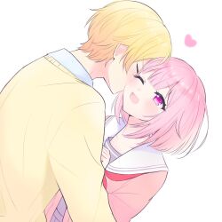 Rule 34 | 1boy, 1girl, :d, blush, cardigan, closed eyes, collarbone, dutch angle, facing another, from side, grey shirt, heart, hetero, highres, long sleeves, looking at another, neckerchief, one eye closed, ootori emu, open mouth, orange hair, pink cardigan, pink eyes, pink hair, pnyo emc, profile, project sekai, red neckerchief, sailor collar, shirt, simple background, smile, tenma tsukasa, upper body, white background, white sailor collar, white shirt, yellow cardigan