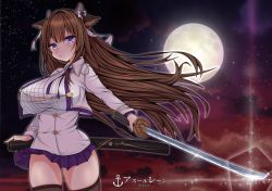 Rule 34 | 1girl, absurdres, animal ears, azur lane, breasts, brown hair, commentary request, copyright name, cow ears, cow girl, cow horns, highres, horns, kashino (azur lane), katana, large breasts, long hair, moon, night, purple eyes, solo, sword, weapon, yanmaa (yanmar195)