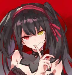 Rule 34 | 1girl, black hair, breasts, clock eyes, collarbone, date a live, date a live: date a bullet, detached collar, dress, finger to mouth, frilled dress, frills, hairband, heterochromia, highres, lolita fashion, lolita hairband, looking at viewer, medium breasts, red eyes, sao7, smile, solo, symbol-shaped pupils, tokisaki kurumi, twintails, yellow eyes