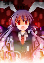 Rule 34 | 1girl, :d, animal ears, bad id, bad pixiv id, blazer, blurry, rabbit ears, collar, empty eyes, female focus, izumi minami, jacket, light, long hair, necktie, open mouth, outstretched arms, purple hair, red eyes, reisen udongein inaba, smile, solo, spread arms, surprised, touhou, upper body, wide-eyed