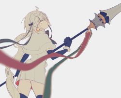 Rule 34 | 1girl, ahoge, ass, black gloves, black thighhighs, capelet, csyday, elbow gloves, fate/grand order, fate (series), flat color, fur trim, gloves, grey background, head tilt, headpiece, highres, holding, holding polearm, holding spear, holding weapon, jeanne d&#039;arc (fate), jeanne d&#039;arc alter santa lily (fate), long hair, muted color, polearm, simple background, solo, spear, thighhighs, weapon, yellow eyes