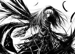 Rule 34 | 00s, 1girl, black wings, feathers, female focus, greyscale, hairband, high contrast, highres, iori yakatabako, long hair, looking back, making-of available, monochrome, rozen maiden, simple background, solo, suigintou, wallpaper, white background, wings