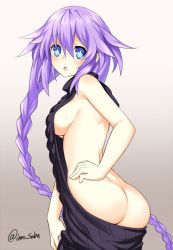 Rule 34 | 10s, 1girl, alternate costume, ass, backless dress, backless outfit, bare back, blue eyes, blush, braid, breasts, butt crack, dress, female focus, hair ornament, halterneck, imo soba, large breasts, long hair, looking at viewer, looking back, meme attire, naked sweater, neptune (neptunia), neptune (series), official style, purple hair, purple heart (neptunia), sideboob, solo, sweater, sweater dress, symbol-shaped pupils, turtleneck, turtleneck sweater, twin braids, very long hair, virgin killer sweater
