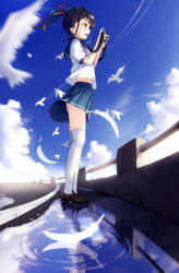 Rule 34 | 1girl, :d, animal, bird, black hair, blue eyes, blue sailor collar, blue skirt, blue sky, blurry, brown footwear, camera, cloud, commentary request, contrail, day, depth of field, feathers, hair ribbon, highres, holding, holding camera, loafers, open mouth, original, outdoors, panties, pleated skirt, ponytail, profile, puddle, red ribbon, reflection, ribbon, ripples, sailor collar, school uniform, serafuku, shirt, shoes, short sleeves, skirt, sky, smile, solo, standing, thighhighs, underwear, white feathers, white panties, white shirt, white thighhighs, yan (nicknikg)
