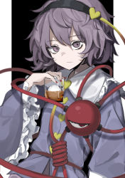 Rule 34 | 1girl, absurdres, alcohol, blouse, blue shirt, closed mouth, collar, cup, drinking glass, eyeball, frills, hair between eyes, hair ornament, hairband, heart, highres, hisha (kan moko), holding, holding cup, ice, komeiji satori, looking at viewer, messy hair, purple eyes, purple hair, shirt, short hair, simple background, solo, third eye, touhou, whiskey, white collar, wide sleeves
