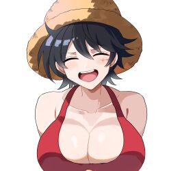 Rule 34 | 1girl, :d, absurdres, bare shoulders, black hair, breasts, cleavage, closed eyes, collarbone, dot nose, facial hair, facial scar, genderswap, genderswap (mtf), hair between eyes, happy, hat, head tilt, highres, kasuga kaya, large breasts, monkey d. luffy, one piece, open mouth, portrait, red shirt, scar, scar on cheek, scar on face, shirt, short hair, sidelighting, simple background, sleeveless, sleeveless shirt, smile, solo, straw hat, teeth, tongue, upper teeth only, v-shaped eyebrows, white background