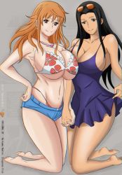 Rule 34 | 2girls, bare arms, bare legs, bare shoulders, barefoot, bikini, blue eyes, breasts, brown eyes, cleavage, curvy, dress, earrings, eyewear on head, feet, hip focus, huge breasts, jewelry, kneeling, large breasts, legs, long hair, multiple girls, nami (one piece), navel, necklace, nico robin, one piece, short shorts, shorts, smile, stomach, sunglasses, swimsuit, thick thighs, thighs, thong, wide hips