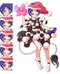 Rule 34 | 1girl, after battle, alphes (style), blue eyes, blue hair, book, cow tail, crying, dairi, damaged, doremy sweet, dress, expressions, food, frown, full body, marshmallow, matching hair/eyes, parody, sad, short hair, socks, solo, solo focus, standing, style parody, tachi-e, tail, tapir tail, torn clothes, touhou, transparent background
