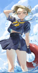Rule 34 | 1girl, absurdres, arm up, bags under eyes, blonde hair, blue skirt, blue sky, boku no hero academia, cloud, day, double bun, fengling (furin-jp), hair bun, highres, lifebuoy, looking at viewer, neckerchief, outdoors, partially submerged, pleated skirt, school uniform, serafuku, skirt, sky, slit pupils, solo, swim ring, toga himiko, water, yellow eyes, yellow neckerchief