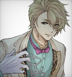 Rule 34 | 1boy, ahoge, aladdin (sinoalice), blonde hair, blue eyes, bow, bowtie, closed mouth, collared shirt, formal, gloves, male focus, shirt, short hair, simple background, sinoalice, sketch, smile, solo, white background, white gloves, y o u m a