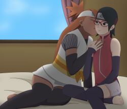 Rule 34 | 2girls, akimichi chouchou, bare shoulders, barefoot, black gloves, black hair, black thighhighs, blush, boruto: naruto next generations, brown hair, closed eyes, curtains, dark-skinned female, dark skin, dress, earrings, elbow gloves, female focus, fishnet top, fishnets, foot out of frame, gloves, hand on another&#039;s chest, headband, highres, indoors, jewelry, kissing cheek, konohagakure symbol, lips, long hair, looking at another, multiple girls, naruto (series), on bed, optimystic, red-framed eyewear, red dress, short hair, shorts, shorts under dress, sitting, smile, thighhighs, toeless legwear, toes, uchiha sarada, white shorts, window, yuri