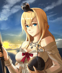 Rule 34 | 10s, 1girl, bare shoulders, blonde hair, blue eyes, braid, breasts, carrying, cleavage, cloud, cloudy sky, collarbone, commentary, corset, crown, dress, globus cruciger, hairband, half up braid, highres, holding, horizon, jewelry, kantai collection, long hair, looking at viewer, mini crown, necklace, ocean, off-shoulder dress, off shoulder, scepter, scrson, sky, smile, solo, sunrise, warspite (kancolle)