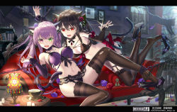 Rule 34 | 2girls, animal ears, artist name, black bow, black bra, black choker, black footwear, black gloves, black hair, black panties, blush, book, bookshelf, bound, bound ankles, bound wrists, bow, bra, breasts, bridal gauntlets, bug, butterfly, cat, cat ear panties, cat ears, cat girl, cat tail, choker, couch, cup, detached sleeves, elbow gloves, fangs, flower, garter straps, gloves, green eyes, hair between eyes, hair flower, hair ornament, heterochromia, high heels, indoors, insect, lace, lace panties, lamp, large breasts, letterboxed, lingerie, looking at another, looking at viewer, mango cat, medium breasts, multiple girls, mysteria ~occult shadows~, navel, nose blush, on couch, open mouth, panties, purple bra, purple eyes, purple flower, purple hair, purple panties, purple rose, red bow, red eyes, red flower, red rose, restrained, rose, saucer, scissors, shoes, sitting, stiletto heels, tail, teacup, thigh strap, thighhighs, torn clothes, torn legwear, twintails, underwear, yuri