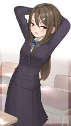 Rule 34 | 1girl, arms behind head, arms up, black jacket, black skirt, blazer, blue bow, blue bowtie, blush, bow, bowtie, brown eyes, brown hair, buttons, collared shirt, commentary request, hair between eyes, hair ornament, hairclip, highres, jacket, long hair, long sleeves, looking at viewer, miyako (naotsugu), open mouth, original, pocket, school uniform, shirt, simple background, skirt, solo, standing, striped bow, striped bowtie, striped clothes, white background, white shirt
