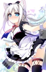 Rule 34 | 1girl, american flag, american flag print, apron, azur lane, black dress, black thighhighs, blue eyes, blush, bow, cannon, closed mouth, commentary request, dress, flag print, frilled apron, frilled dress, frilled sleeves, frills, hair bow, hammann (azur lane), highres, long hair, looking at viewer, nagayama yuunon, print neckwear, puffy short sleeves, puffy sleeves, short sleeves, silver hair, solo, star (symbol), starry background, thighhighs, torpedo tubes, turret, v-shaped eyebrows, very long hair, waist apron, wavy mouth, white apron, white background, wrist cuffs