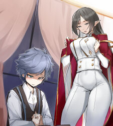 Rule 34 | 1boy, 1girl, adele (maplestory), age difference, black hair, blush, breasts, cape, charles (gu599), child, comic, grey hair, jerome (maplestory), knight, large breasts, long hair, long sleeves, looking down, maplestory, onee-shota, pants, parted lips, pointy ears, red cape, short hair, sketch, sweatdrop, uniform, upper body, white pants