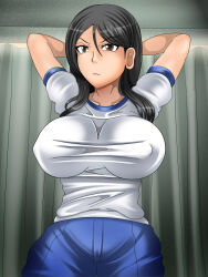 Rule 34 | 1girl, a certain high school gym uniform, arms behind head, arms up, bare arms, black hair, blue shorts, breasts, brown hair, closed mouth, commentary request, covered erect nipples, cowboy shot, fukiyose seiri, gym shirt, gym shorts, gym uniform, hair between eyes, highres, indoors, large breasts, lips, long hair, shirt, short sleeves, shorts, sidelocks, solo, standing, toaru majutsu no index, toaru majutsu no index: old testament, v-shaped eyebrows, white shirt, yoga (0413011)