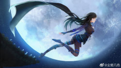 Rule 34 | 1girl, black hair, chen yan ji se, fingerless gloves, full body, gloves, highres, jumping, long hair, moon, night, night sky, outstretched arms, qinshi mingyue, rooftop, sash, scarf, shi lan (qin shi ming yue), sky, solo, spread arms, star (sky), thighhighs