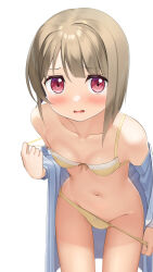 Rule 34 | 1girl, absurdres, apollo (hu maple), asymmetrical bangs, blush, bow, bow bra, bow panties, bra, breasts, check commentary, collarbone, commentary request, cowboy shot, dot nose, embarrassed, hand up, highres, light brown hair, long sleeves, looking at viewer, love live!, love live! nijigasaki high school idol club, nakasu kasumi, navel, open clothes, open shirt, panties, panty pull, pink eyes, shirt, short hair, small breasts, solo, stomach, strap pull, thighs, underwear, undressing, wavy mouth, white background, white shirt, yellow bra, yellow panties