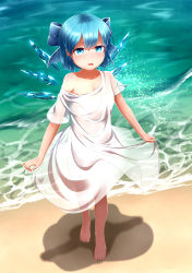 Rule 34 | 1girl, absurdres, alternate costume, barefoot, beach, blue bow, blue eyes, blush, bow, cirno, commentary request, day, dress, full body, hair between eyes, hair bow, highres, ice, ice wings, looking at viewer, marine day, ocean, off shoulder, open mouth, outdoors, reito (lyra-yasao-0628), see-through, shadow, short sleeves, skirt hold, solo, standing, touhou, wet, wet clothes, white dress, wings