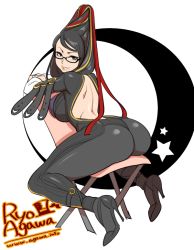 Rule 34 | 1girl, 1koma, agawa ryou, artist name, ass, backless outfit, bad id, bad tumblr id, bare back, bayonetta, bayonetta (series), breasts, chair, comic, curvy, glasses, high heels, huge ass, large breasts, lips, looking at viewer, looking back, mole, mole under mouth, moon, parted lips, sitting, smile, solo, thick thighs, thighs, watermark, web address, wide hips